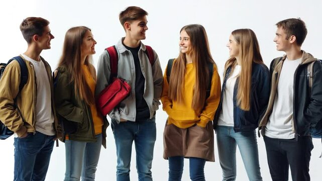 A group of young people are standing in a line, all wearing backpacks