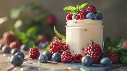 Organic yogurt, in glass jar with berries