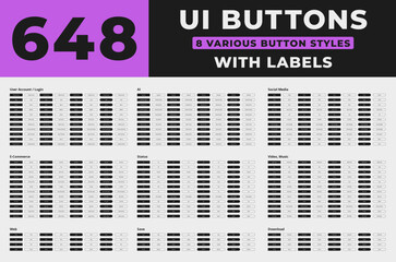 Set of 648 ui/ux buttons with labels about ai, social media, login, e-commerce, web, music, save, download and status