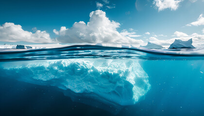 Iceberg in clear blue water and hidden danger under water. Iceberg - Hidden Danger And Global Warming Concept. Floating ice in ocean. Copyspace for text and design