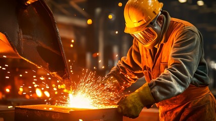 A worker in protective gear pouring molten metal, creating sparks in an industrial setting.