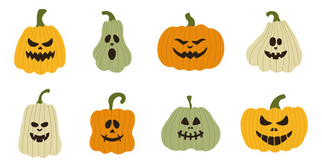 Scary and fun pumpkins for Halloween set. Designs for holiday decor. Pumpkins with different emotions.