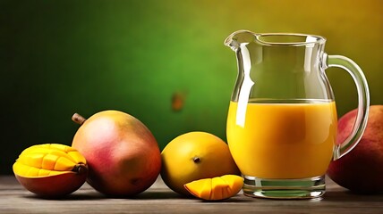 Ripe mango fruit juice tasty and healthy for breakfast. Colorful mixed fruit sweet juice drink. Full of vitamins, healthy. Tropical Fruit juice, grape, natural, fresh, cocktail, apple, lemon, isolated