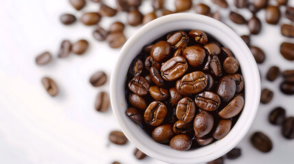 A close-up of a coffee cup with freshly roasted beans, arranged on a clean white background