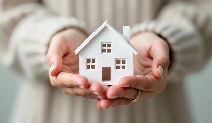 A woman is holding a small white house in her hands