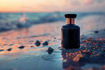 A bottle of perfume sits on a beach next to the ocean, perfect for a relaxing day