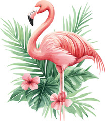 Fototapeta premium Watercolor Illustration of Pink Flamingo on Floral Background with Colorful Tropical Leaves 5