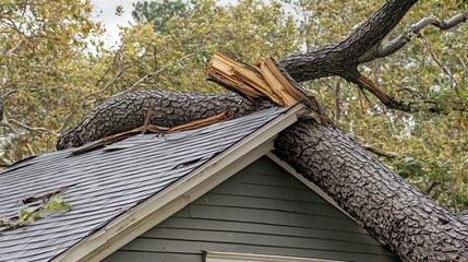 A fallen tree has damaged the roof of a house, highlighting the importance of home insurance for natural disasters.