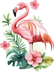 Watercolor Illustration of Pink Flamingo on Floral Background with Colorful Tropical Leaves 3