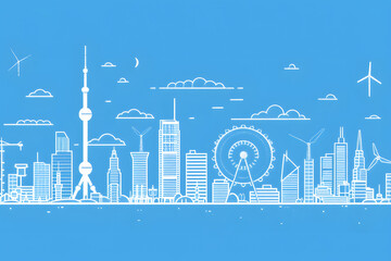 Obraz premium 青空の下の未来都市のビジョンのシンプルイラスト。現代都市デザインと持続可能性
