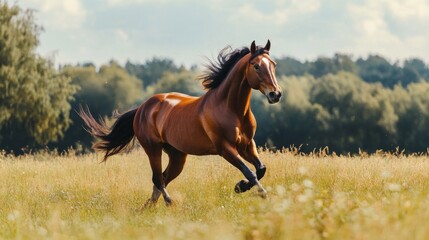 Fototapeta premium Chestnut Horse Running Through a Field.