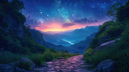 A stone path leading through a lush forest towards a distant valley under a starry night sky
