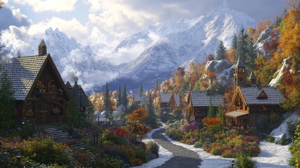 Fototapeta premium Cozy Village in the Snowy Mountains