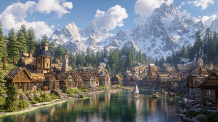 Fototapeta premium Picturesque Village nestled in the Mountains.