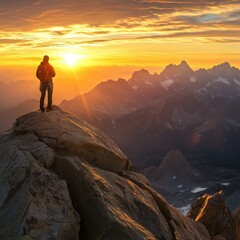 Fototapeta premium Summit Sunrise: A solitary figure stands on a mountain peak, bathed in the golden light of a breathtaking sunrise, capturing the beauty and power of nature's awakening. 