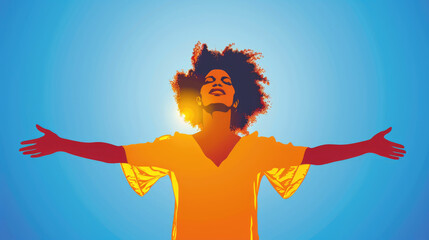 A person with curly hair embraces the sunlight with arms extended, conveying a sense of liberation and happiness against a vivid sky