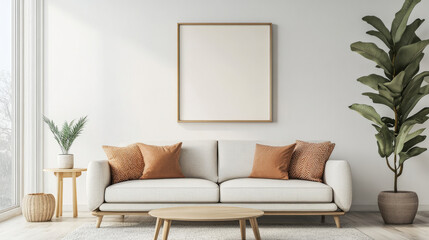 Minimalist Living Room Interior with White Sofa and Wooden Coffee Table.