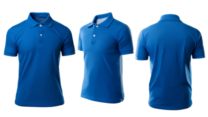 blank blue polo shirt, front and back view, isolated transparent background. Design polo shirt, template and mockup for print