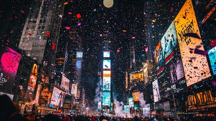 Confetti and lights illuminate Times Square as crowds celebrate New Year's Eve, with iconic billboards and skyscrapers creating a vibrant, festive atmosphere.