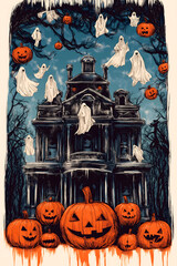 A hand-painted Halloween illustration featuring a jack-o-lantern and skull against a spooky background of ghosts and pumpkins, perfect for Halloween art and wallpaper.