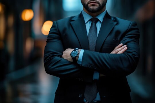 A man in a sleek black suit standing in a dimly lit alleyway with arms crossed, exuding confidence and mystery against an urban backdrop at night.