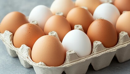 A carton of eggs featuring various shades of brown and white eggs.