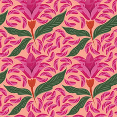 This is a multi-color tropical floral pattern. It is a repeating pattern that can be used for fabric, wallpaper, or other applications.