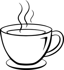 Mug cup with hot drink coffee or tea, outline drawing in doodle style PNG