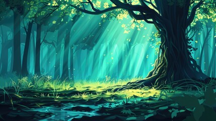Fototapeta premium Sunbeams Filtering Through a Lush Forest Canopy