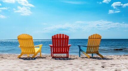 Three colorful Adirondack chairs facing the ocean on a sunny beach day - AI Generated Digital Art.
