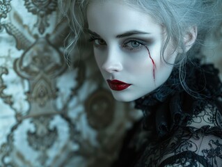 Fototapeta premium Vampire Face Paint with Pale Skin and Blood Red Accents