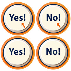 Set of buttons with yes and no, with and without orange arrow pointing at the text, words can be removed and are replaceable, 3d aspect with shadow, elegant, dynamic white button with orange and blue