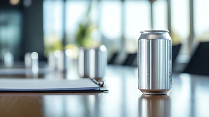 A silver can on a conference table with blurred cans in the background.
