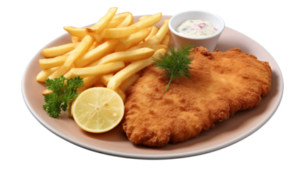 schnitzel and french fries on isolated white background
