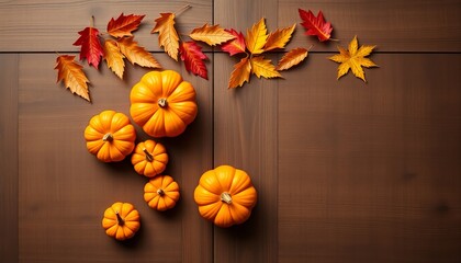 Fototapeta premium top view, composition of bright yellow pumpkins among autumn leaves on a brown wood background