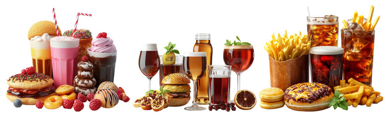 Fast food items including burgers, fries, and drinks set isolated on transparent background