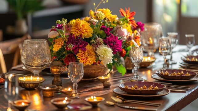 Elegant Diwali dining table with vibrant floral centerpiece and decorative candles for festive celebration