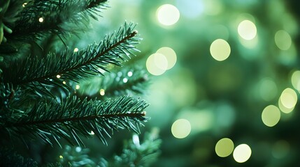Close up of green pine tree branches with lights in a bokeh background, copy space for text, green color palette, blurred background