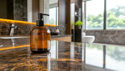 Blurred, empty bathroom countertop with small hand wash products