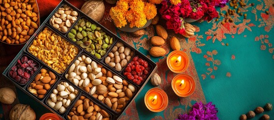 Celebrate Diwali with an open dry fruit gift box surrounded by vibrant decorations and glowing diyas for a festive touch