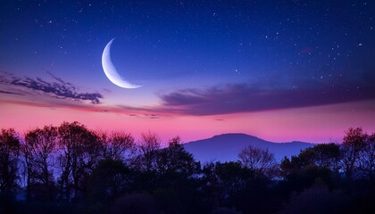 Amochecer con la luna, colores azules y rosas.