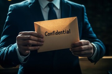 A man in a suit holds an envelope with the inscription Confidential