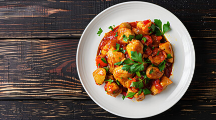 Chicken stew with vegetables and gravy topped with parsley on a white plate resting on a dark wooden table