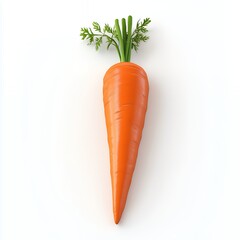 A realistic illustration of a carrot with green leaves on top.