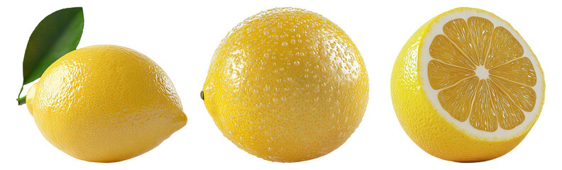 Fresh lemons and sliced lemon set isolated on transparent background