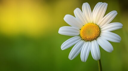 Fototapeta premium A single bright white daisy in full bloom, spreading vibrant colors on a simple background. The vibrant petals of a single blooming flower highlight the delicate beauty and uniqueness of the flower.