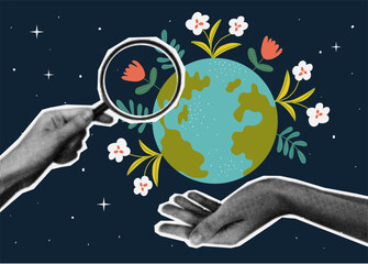 Fototapeta premium Halftone hand hold Earth and magnifying glass. Sustainable and environmentally friendly concept. Ecological illustrations of saving the planet.