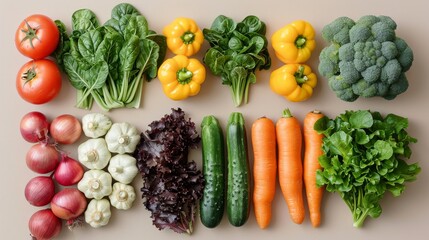 Assorted fresh colorful vegetables, top view flat lay composition, healthy diet