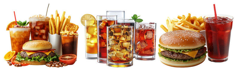 Assorted fast food and drinks set isolated on transparent background © Maina