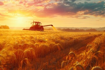 Fototapeta premium A combine harvester working in a wheat field during sunset